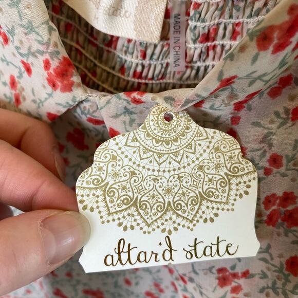 Altar’d State Women's Floral Ruffle Mini Dress Size Medium Tie-Front Beige Red - Picture 7 of 11